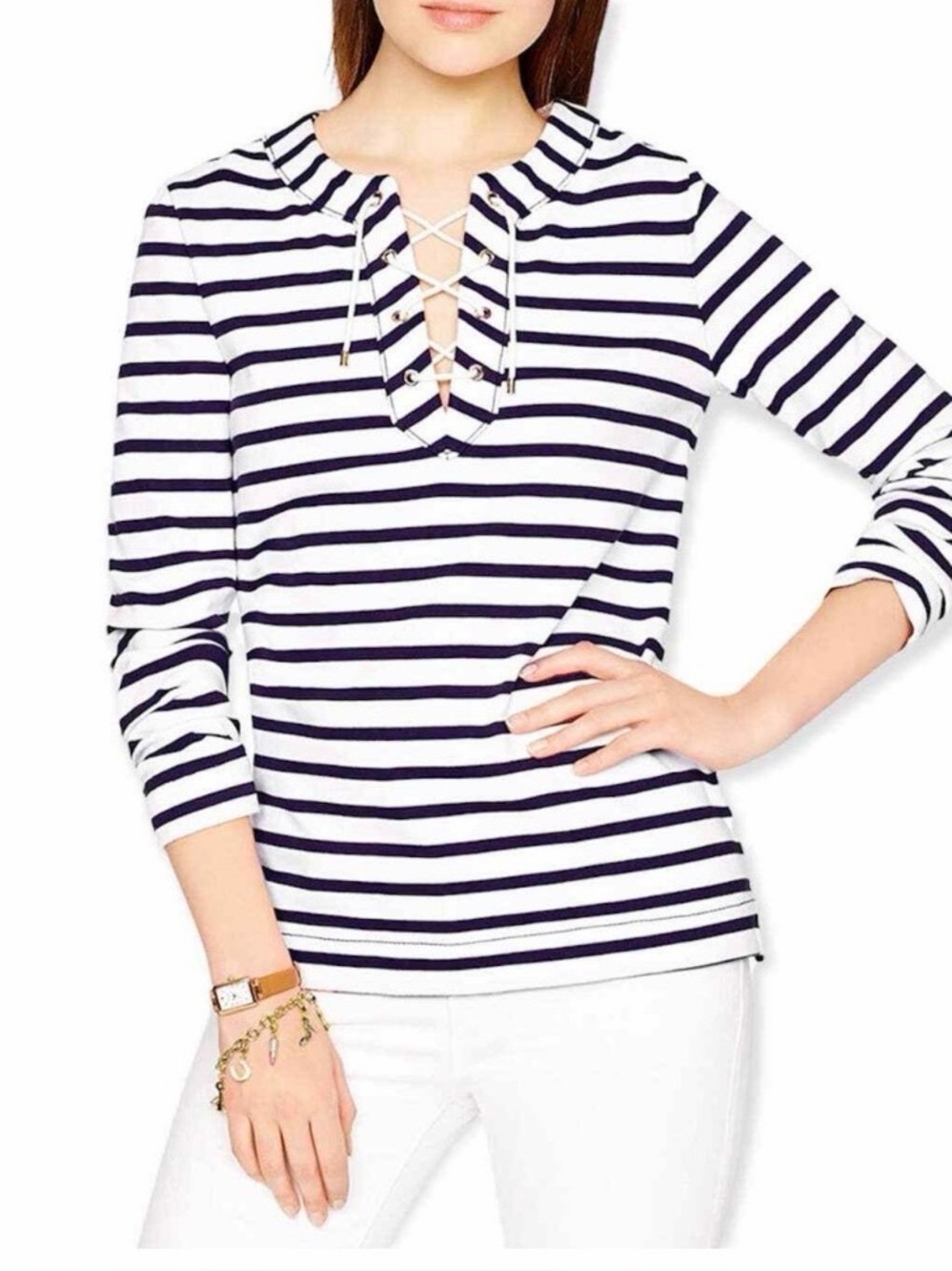 Kate Spade Nautical Lace-Up Knit Top Women Medium Navy‎ Blue White Striped
